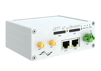 LTE Celulární router - LR77 v2 Libratum - Kov - pohled zepředu, zleva