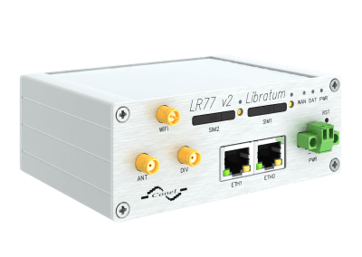 LTE Celulární router - LR77 v2 Libratum - Kov - pohled zepředu, zleva