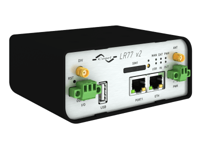 LTE Průmyslový router LR77 v2B, čelní pohled, kolmý, zleva