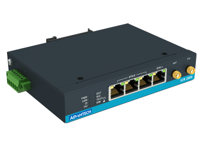 Moderní průmyslový router - ICR-2531 - nahled zleva 3 s konektory, DIN